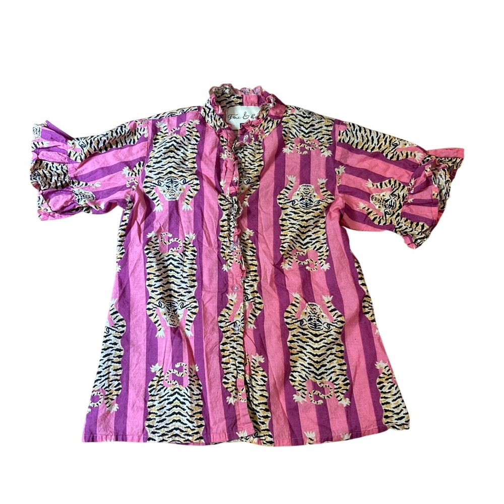 Fox & Hen Tiger Print Shirt Women Pink Purple Ruffle Sleeve Boho SIZE S
